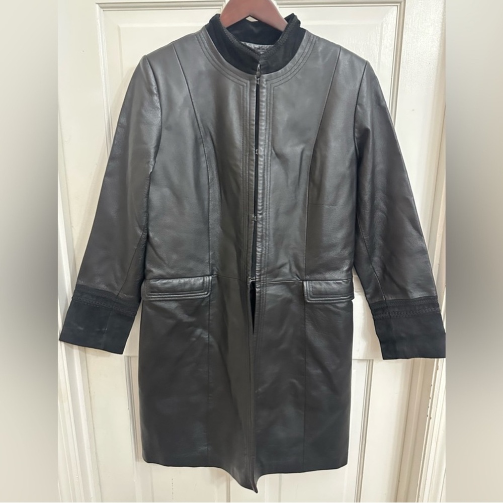 Bagatelle Long Black Leather Coat with Suede Trim